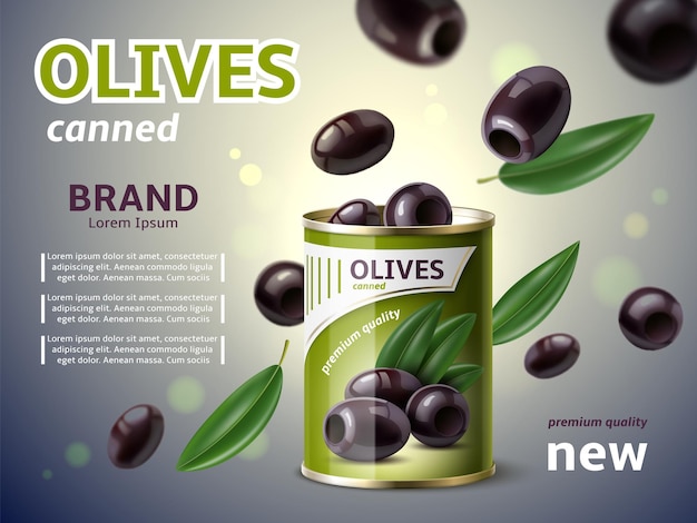 Olivas enlatadas realistas Producto italiano natural verduras en vinagre griegas caídas hojas voladoras en lata y aceitunas ecológicas negras publicidad promocional pancarta concepto de vector utter 3d
