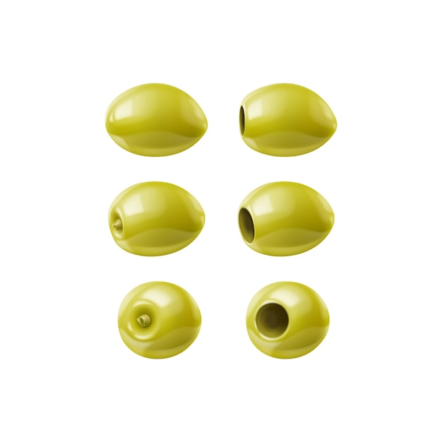 Olivas verdes crudas realistas aisladas conjunto vectorial 3d Frutas pequeñas de forma ovalada con semillas y sin semillas con una piel lisa sabor ligeramente amargo utilizado en ensaladas platos de pasta cocina mediterránea