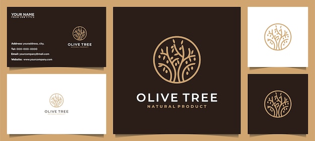 Olivo moderno, diseño de logotipo de aceite de oliva y tarjeta de visita.