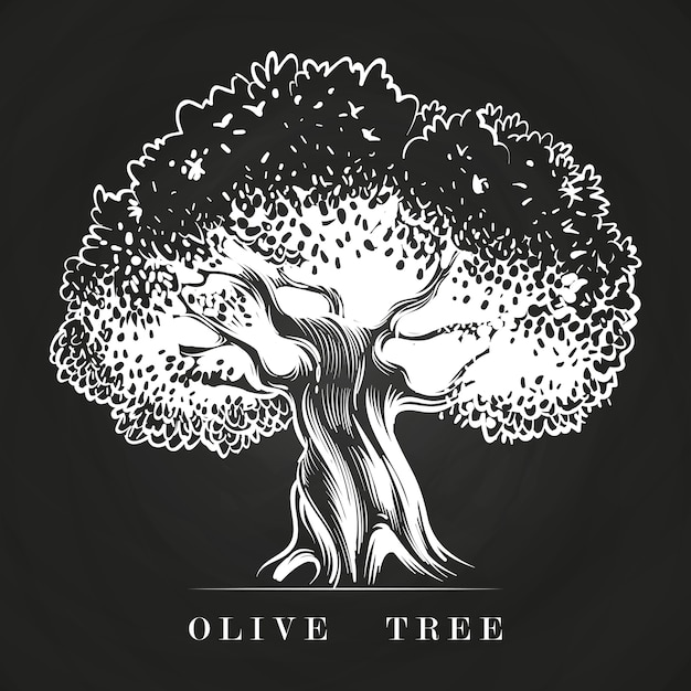 Olivo viejo dibujado a mano en la pizarra. Bosquejo de olivo de árbol, dibujo ilustración de agricultura de cosecha mediterránea