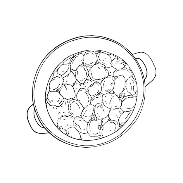 Vector olla con asas para cocinar albóndigas para cocinar masa con carne comida rápida comida rápida garabato lineal