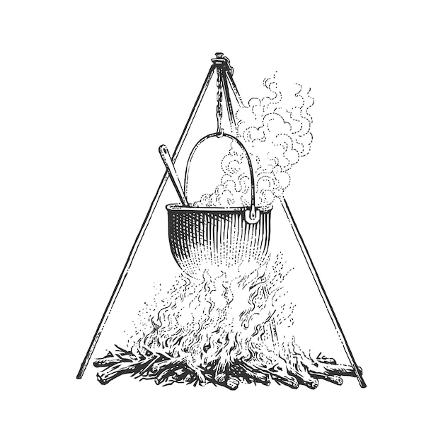 Una olla de cocina de fuego de campamento colgando de un trípode sobre una hoguera