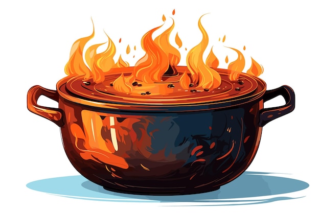 Vector olla de cocina vacía de hierro negro con fuego diseño plano ilustración vectorial de dibujos animados