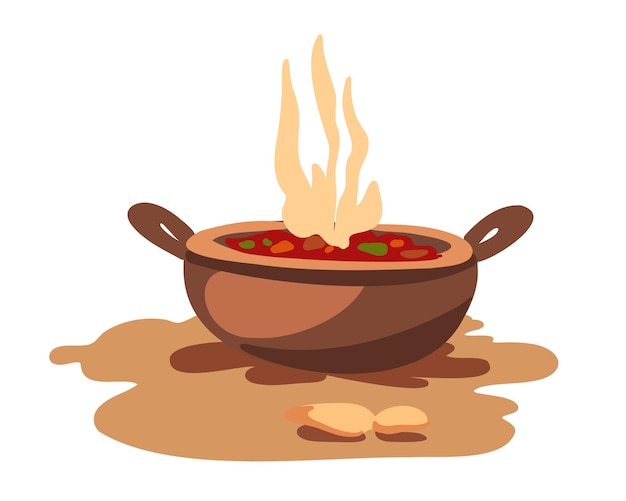 Olla con comida cocinada en la ilustración de vector de fuego