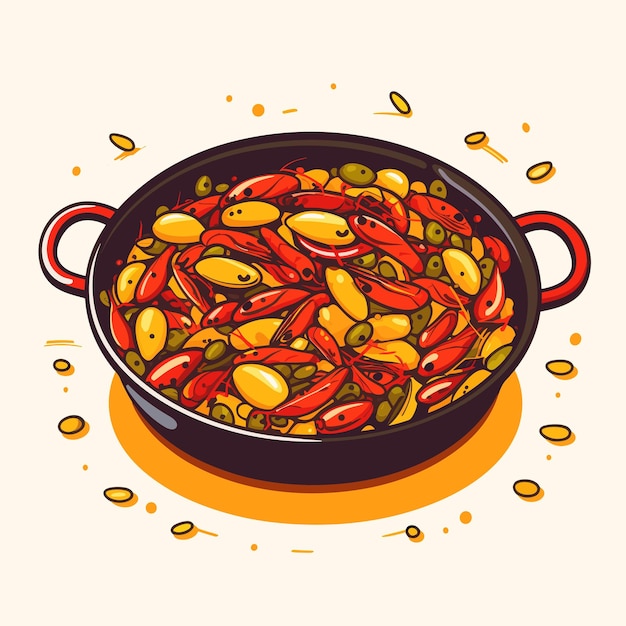 Vector una olla de comida que tiene una imagen de pimientos y frijoles.