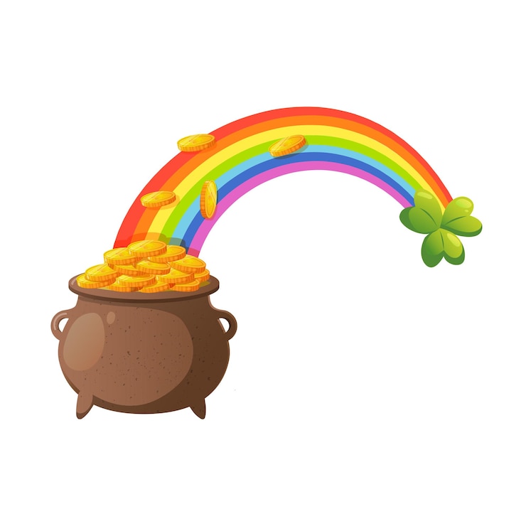 Vector olla de duende con monedas de oro y arco iris.