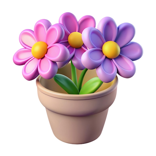 Vector una olla de flores rosa con flores púrpuras y amarillas en ella