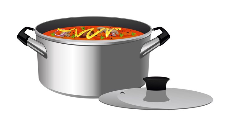 Vector olla de metal realista con fondo blanco de sopa - vector