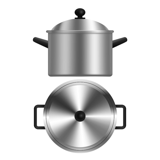 Vector olla de metal realista o vista superior y vista lateral de la cazuela. ilustración de utensilios de cocina