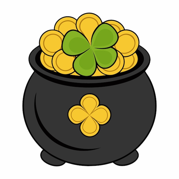 Una olla negra llena de monedas de oro relucientes adornadas con un trébol verde vibrante