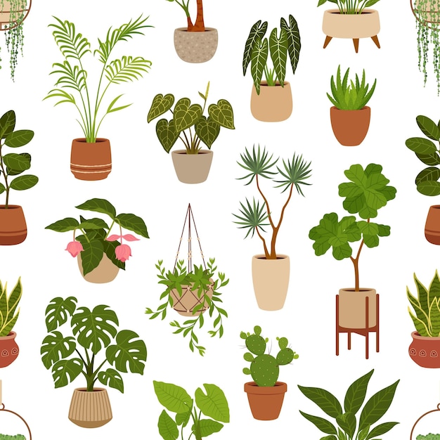 olla con plantas verdes patrón sin costuras, flores