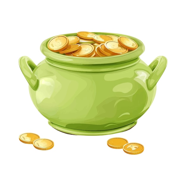 olla verde claro con monedas de oro estilo de dibujos animados en fondo blanco