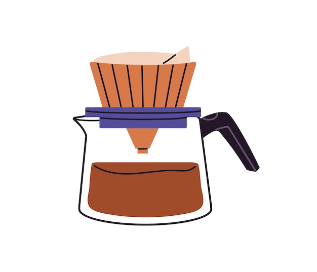 olla de vidrio con vertido para la preparación de café filtro cervecero para hacer café goteo utensilio de cafetería para preparar bebidas calientes bebida de cafeína Ilustración vectorial aislada plana sobre fondo blanco
