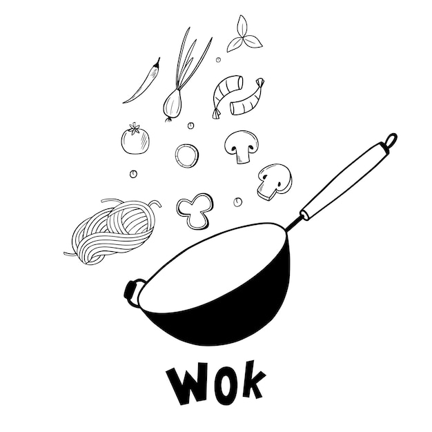 Olla wok e ingredientes varios. comida tradicional japonesa asiática. fideos asiáticos. ilustración vectorial