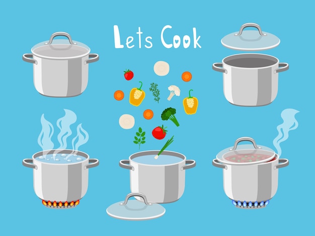 Ollas de cocción con agua. Objetos de sartén de dibujos animados para la cocina de ollas con agua hirviendo e ingredientes para cocinar, ilustración vectorial de quemadores de gas en llamas aislados sobre fondo azul