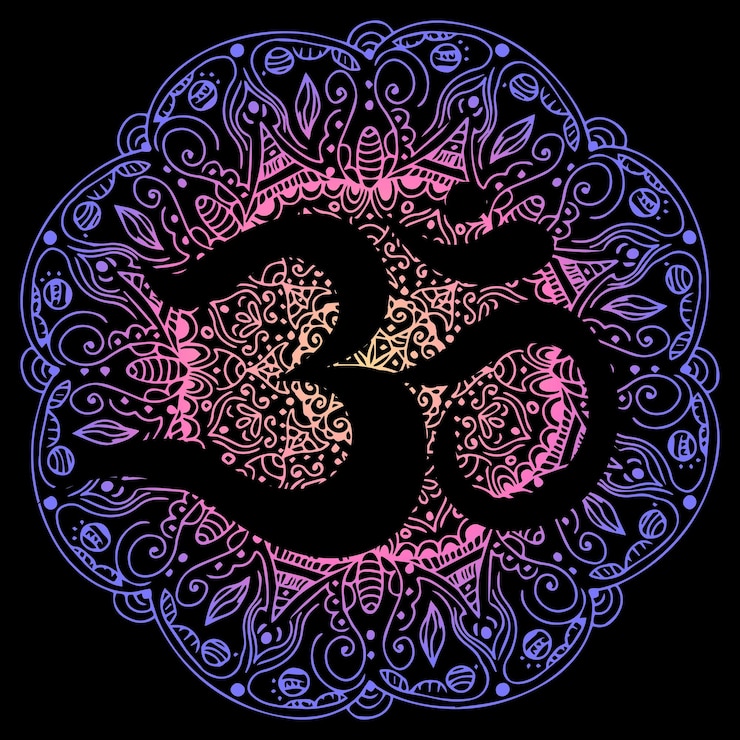 Vector om, aum símbolo del hinduismo, signo en mandala aislado sobre fondo negro.
