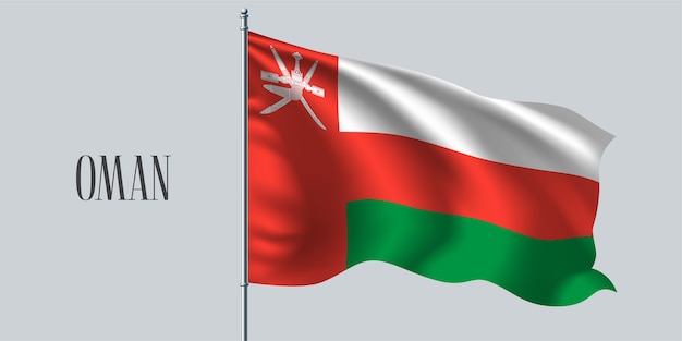 Omán ondeando la bandera en la ilustración de vector de asta de bandera. Elemento de diseño rojo blanco de bandera realista ondulada como símbolo del país