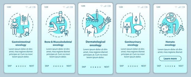Oncology onboarding pantalla de la página de la aplicación móvil con conceptos. Tutorial de tratamiento del cáncer con instrucciones gráficas de cinco pasos. Oncología genitourinaria. Plantilla de vector de interfaz de usuario con ilustraciones en color RGB