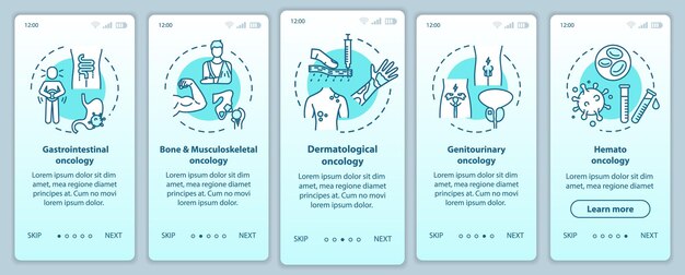 Oncology onboarding pantalla de la página de la aplicación móvil con conceptos. tutorial de tratamiento del cáncer con instrucciones gráficas de cinco pasos. oncología genitourinaria. plantilla de vector de interfaz de usuario con ilustraciones en color rgb