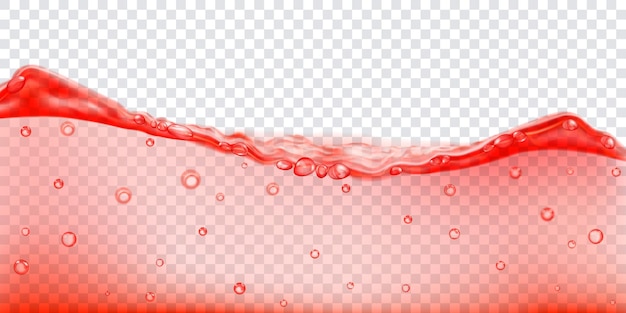 Onda de agua translúcida en colores rojos con burbujas de aire aisladas sobre fondo transparente