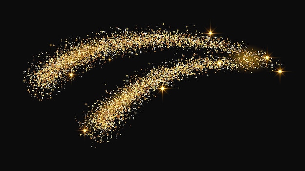 Onda de confeti dorado brillante y polvo de estrellas. Destellos mágicos dorados sobre fondo oscuro. Ilustración vectorial