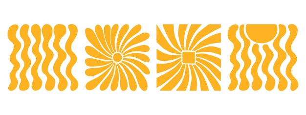 La onda dibujada a mano retro sol 60s70s fondo diseño plano groovy sol ondulado remolino rayos de estallido de sol amarillo