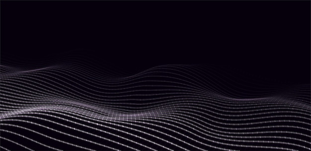 Onda digital vectorial futurista Ciberespacio oscuro Onda abstracta con puntos y líneas Partículas en movimiento blancas en el fondo