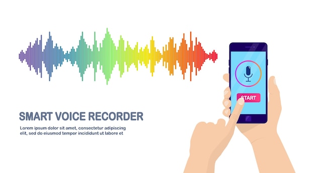 Onda de gradiente de audio de sonido del ecualizador. Teléfono móvil con icono de micrófono. Aplicación de teléfono para grabación de voz