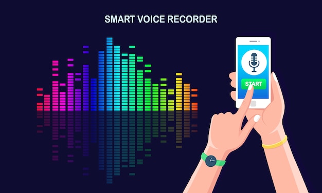 Onda de gradiente de audio de sonido del ecualizador. Teléfono móvil con icono de micrófono en pantalla. Aplicación de teléfono móvil para grabación de radio de voz digital. Frecuencia de la música en el espectro de colores.