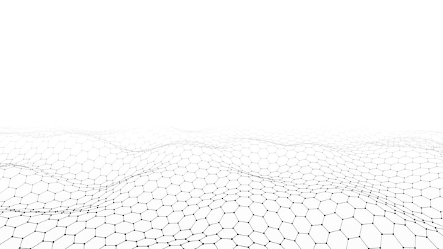 Onda hexagonal blanca con puntos y líneas de movimiento fondo digital abstracto concepto de conexión big data fondo de tecnología futurista representación 3d