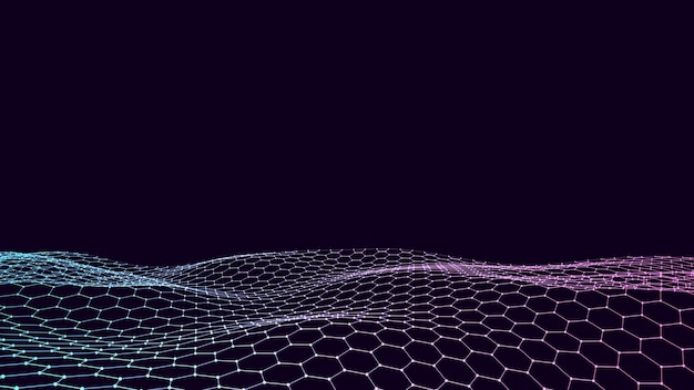 Onda hexagonal vectorial futurista Ciberespacio oscuro Onda abstracta con puntos y líneas Partículas blancas en movimiento en el fondo