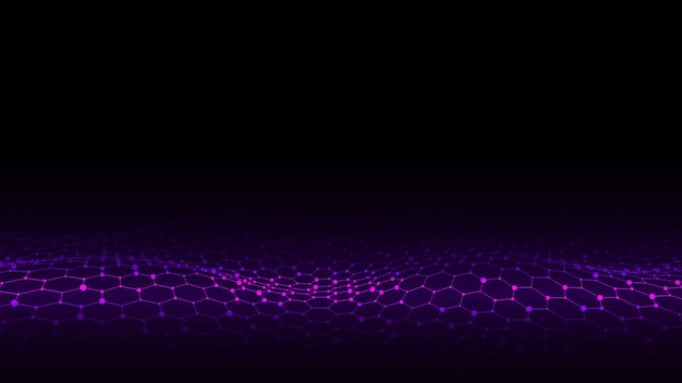 Onda hexagonal vectorial futurista Ciberespacio oscuro Onda abstracta con puntos y líneas