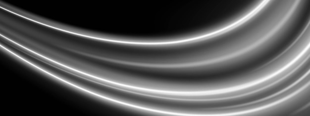 Onda de luz monocromática Corrientes curvas blancas fluyen a través de un fondo oscuro con un brillo suave y un estilo tecnológico minimalista
