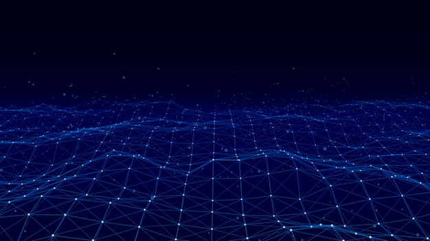 Onda en movimiento futurista Fondo digital con partículas y líneas brillantes en movimiento Visualización de grandes datos Ilustración vectorial