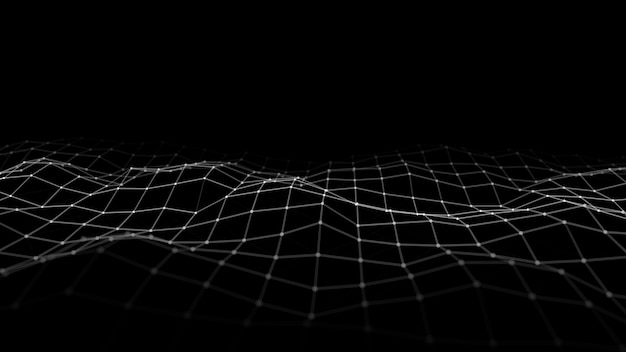 Onda negra abstracta con puntos y líneas en movimiento Flujo de partículas Ilustración de tecnología cibernética