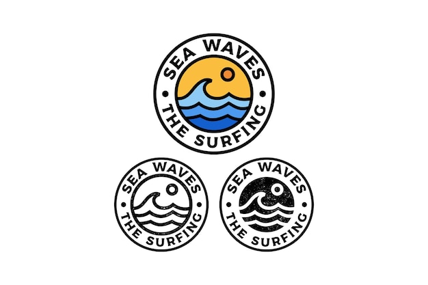 onda del océano con insignia de sol diseño de logotipo con estilo de arte de línea llena de colores para la aventura