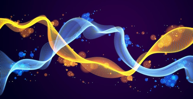 Onda de sonido mutua de partículas dinámicas que fluye sobre la oscuridad. Fondo abstracto de vector de curvas dobles punteadas. Hermosa matriz en forma de onda 3d de puntos combinados brillantes.