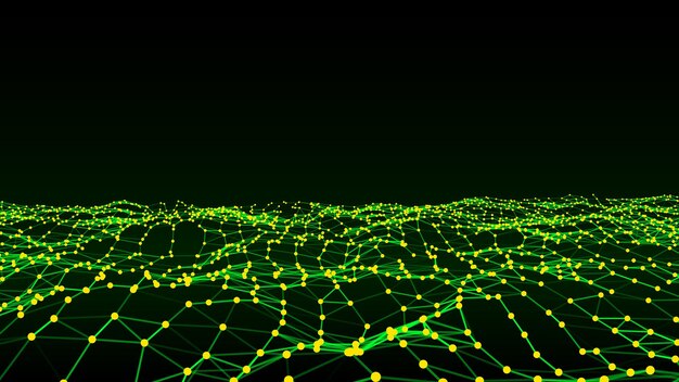 Onda de tecnología digital vectorial Ciberespacio oscuro con puntos y líneas de movimiento Fondo digital futurista Análisis de grandes datos