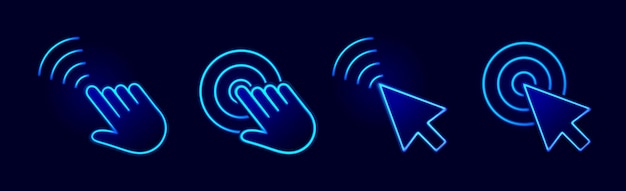 Onda de toque Íconos del cursor del puntero de la mano y la flecha con movimiento de luz de neón y visualización Efecto de clic Ondas circulares Conjunto vectorial