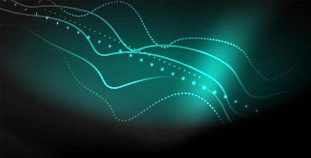 Ondas abstractas brillantes en la oscuridad movimiento brillante luz espacial mágica Techno fondo abstracto