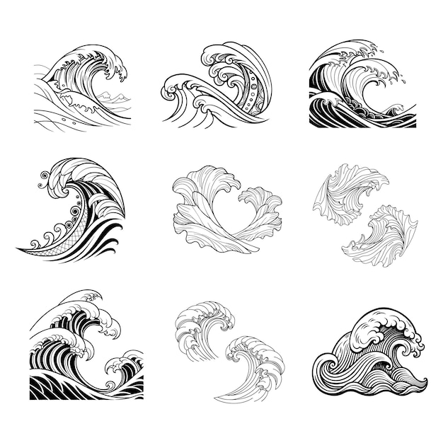 ondas abstractas conjunto de arte de línea en blanco y negro