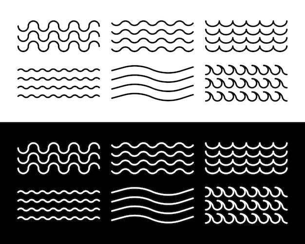 Ondas de agua de mar Colección de ondas lineales de diferente estilo y tamaño Ilustración vectorial