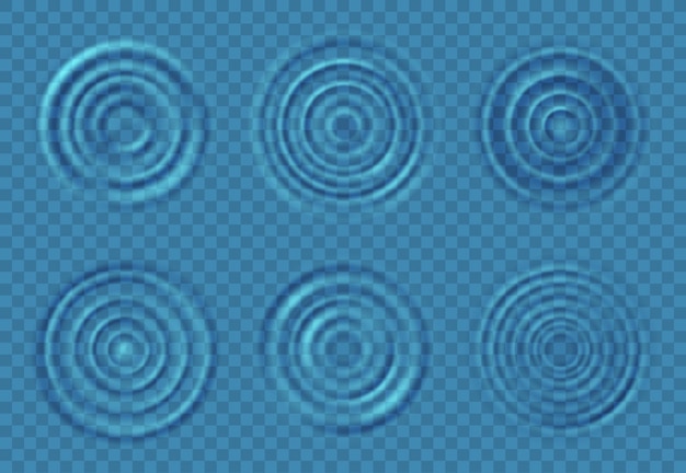 Ondas de agua onduladas Círculos concéntricos en el nivel azul del agua de las gotas que caen salpicaduras Vista superior remolinos redondos en la superficie líquida Conjunto vectorial aislado en textura acuática