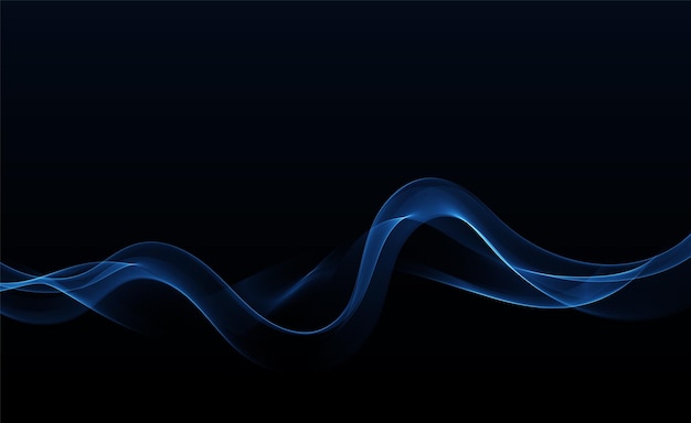 Ondas azules sobre un fondo negro Flujo luminoso transparente de líneas azules onduladas