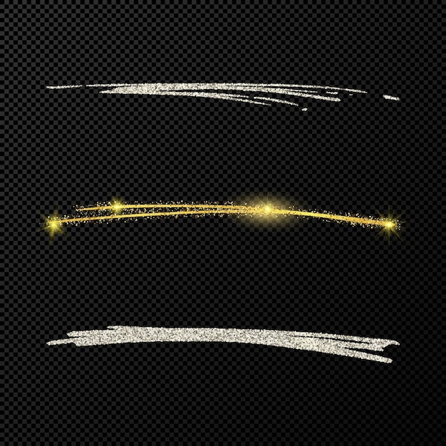 Ondas brillantes de confeti brillante abstracto. Conjunto de tres pinceladas dibujadas a mano con trazos dorados y plateados sobre fondo negro transparente. ilustración vectorial