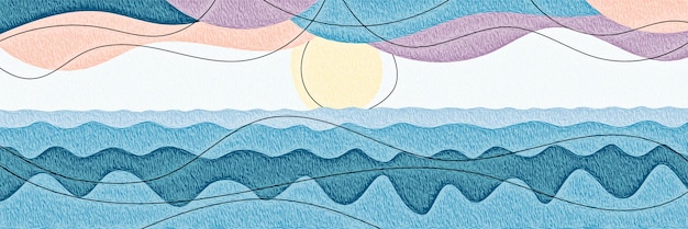 Ondas de estilización de paisaje abstracto en la bandera de sol y nubes de mar