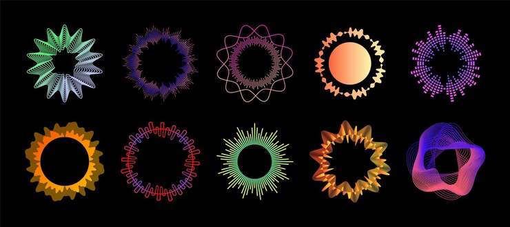 Vector ondas musicales forma de onda de sonido de audio de círculo patrón radial de energía 3d frecuencia de datos anillos de curva abstracta vibración de voz formas geométricas equalizador musical conjunto de ondas sonoras vectoriales