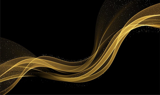 Ondas de oro abstractas. Elemento de diseño de líneas móviles doradas brillantes con efecto de brillo sobre fondo oscuro para regalo, tarjeta de felicitación y cupón de descuento. Ilustración vectorial