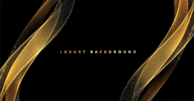 Ondas de oro abstractas. Elemento de diseño de líneas móviles doradas brillantes con efecto brillo sobre fondo oscuro para tarjetas de felicitación y cupones de descuento.