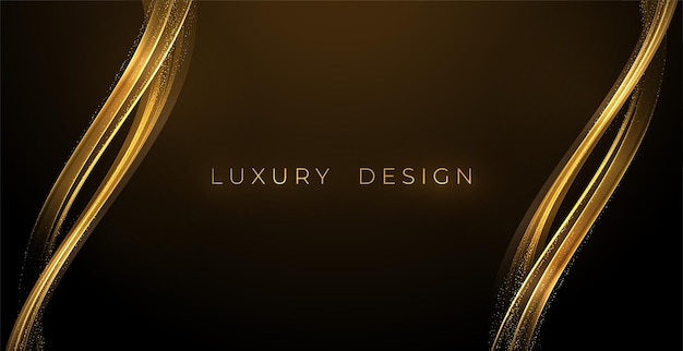 Ondas de oro abstractas. Elemento de diseño de líneas móviles doradas brillantes con efecto brillo sobre fondo oscuro para tarjetas de felicitación y cupones de descuento.